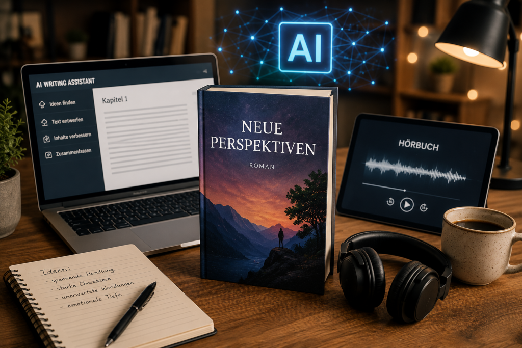 KI-Schreibassistent, Buch und Hoerbuch auf einem Schreibtisch
