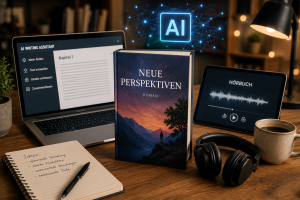 KI-Schreibassistent, Buch und Hoerbuch auf einem Schreibtisch