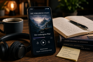 Smartphone mit episodischer Hoerserie neben Kaffee und Notizbuch