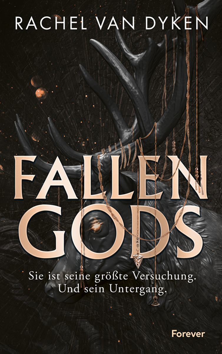 Cover von „Fallen Gods“ von Rachel Van Dyken: Der dunkel gehaltene Hintergrund zeigt ein Geweih und mystische Elemente, ergänzt durch goldene Schrift und eine geheimnisvolle Atmosphäre.